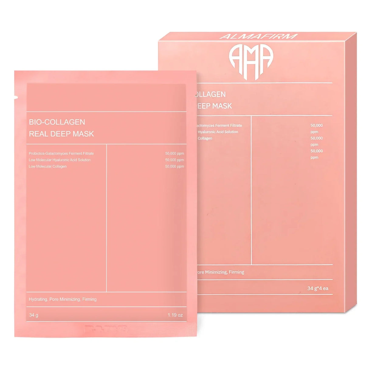 Koreanische Gesichtsmaske mit Bio-Kollagen, Hyaluronsäure, Ceramiden und Peptiden – 1 Packung (4 Stück)