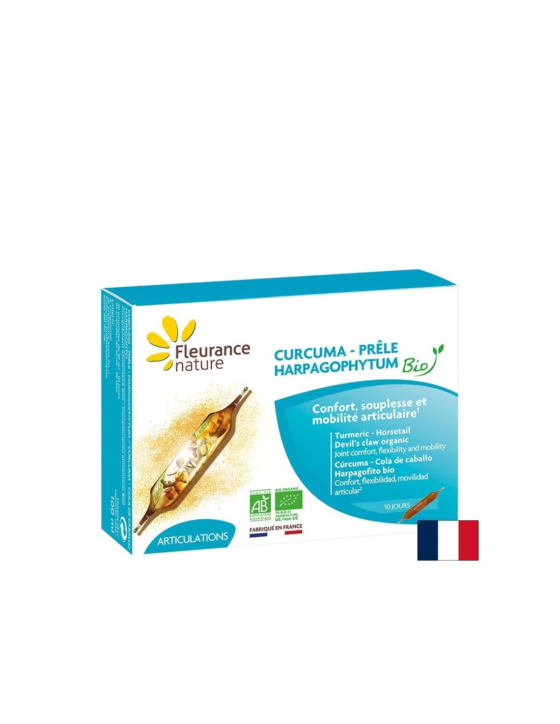 Gesunde Gelenke – Kurkuma + Teufelskralle und Schachtelhalm Bio, 10 Trinkampullen Fleurance Nature