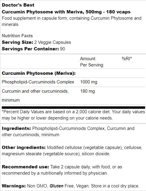 Bester Curcumin -Phytosom 500 mg / mit Meriva - 180 Kapseln