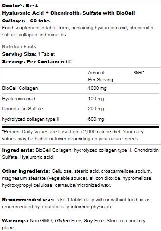 Beste Hyaluronsäure + Chondroitinsulfat / mit Biocell -Kollagen - 60 Tabletten