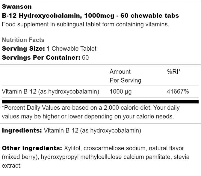 B-12 Hydroxycobalamin 1000 MCG 60 kaubare Tabletten