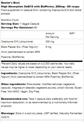 Bester CoQ10 mit Bioperin 200 mg - 60 Kapseln