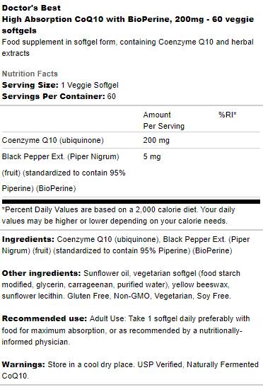 Bester COQ10 mit Bioperin 200 mg - 60 Gelkapseln