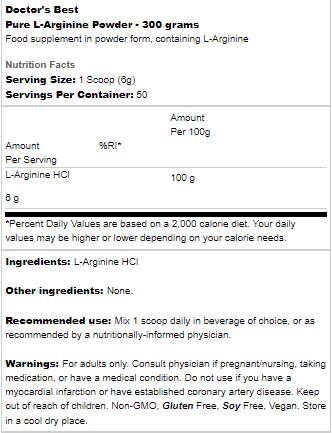 Bestes reines L -Arginin -Pulver - 300 Gramm