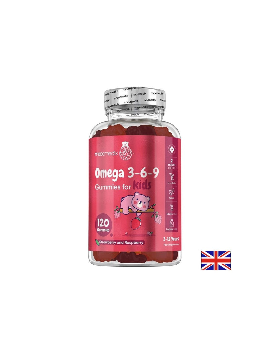Immunität und Gehirnfunktion – Omega 3-6-9 für Kinder, 120 Geleetabletten, Erdbeer- und Himbeergeschmack
