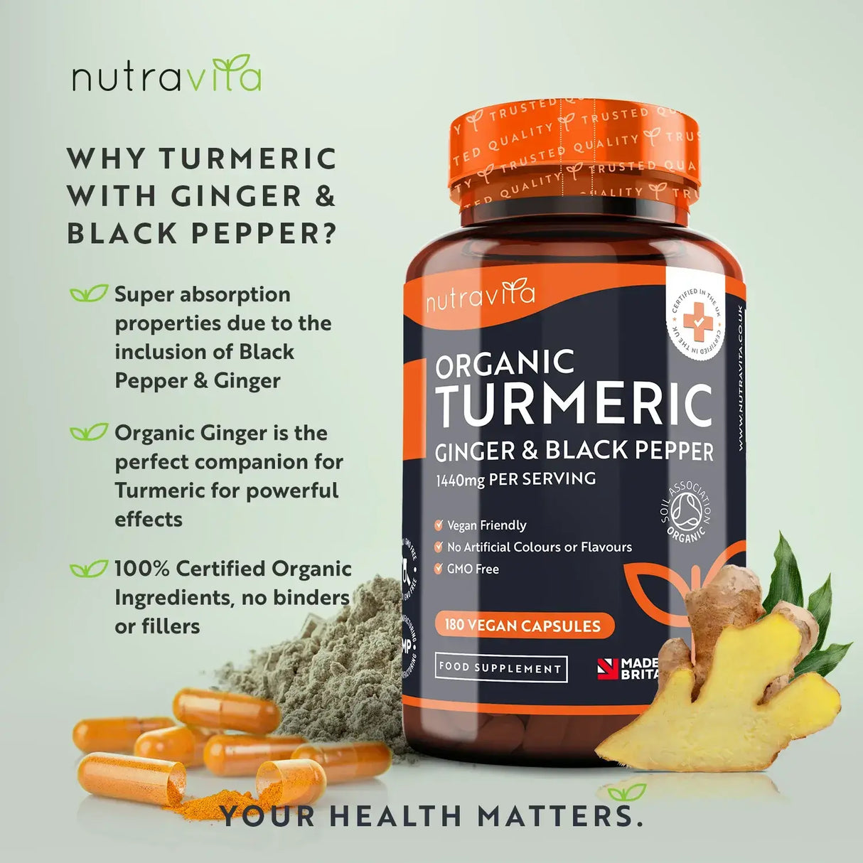 Organic Turmeric 1340mg with Black Pepper & Ginger /180 capsules, 90 doses/ Nutravita - Nutra Best Europe