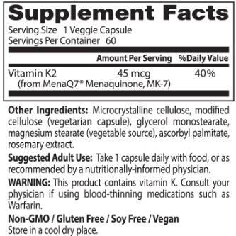 Beste natürliche Vitamin K2 MK -7 45 mcg - 180 Kapseln