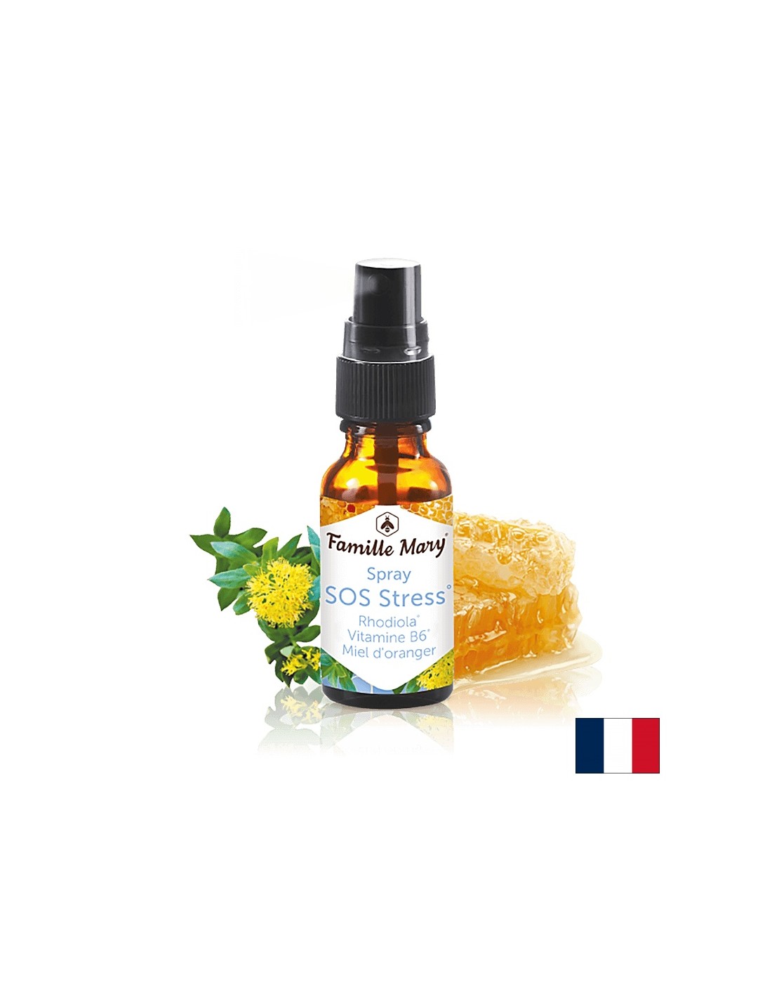 Anti-Stress-Mundspray mit Goldwurzel und Vitamin B6 – SOS Stress Rhodiola, Vitamin B6, Miel d'orange, 20 ml