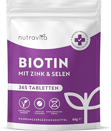 Biotin + Selen + Zink Tabletten für Haut, Haare und Nägel – 365 vegane Tabletten für 1 Jahr <tc>Nutravita</tc>