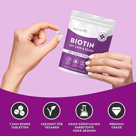 Biotin + Selen + Zink Tabletten für Haut, Haare und Nägel – 365 vegane Tabletten für 1 Jahr <tc>Nutravita</tc>