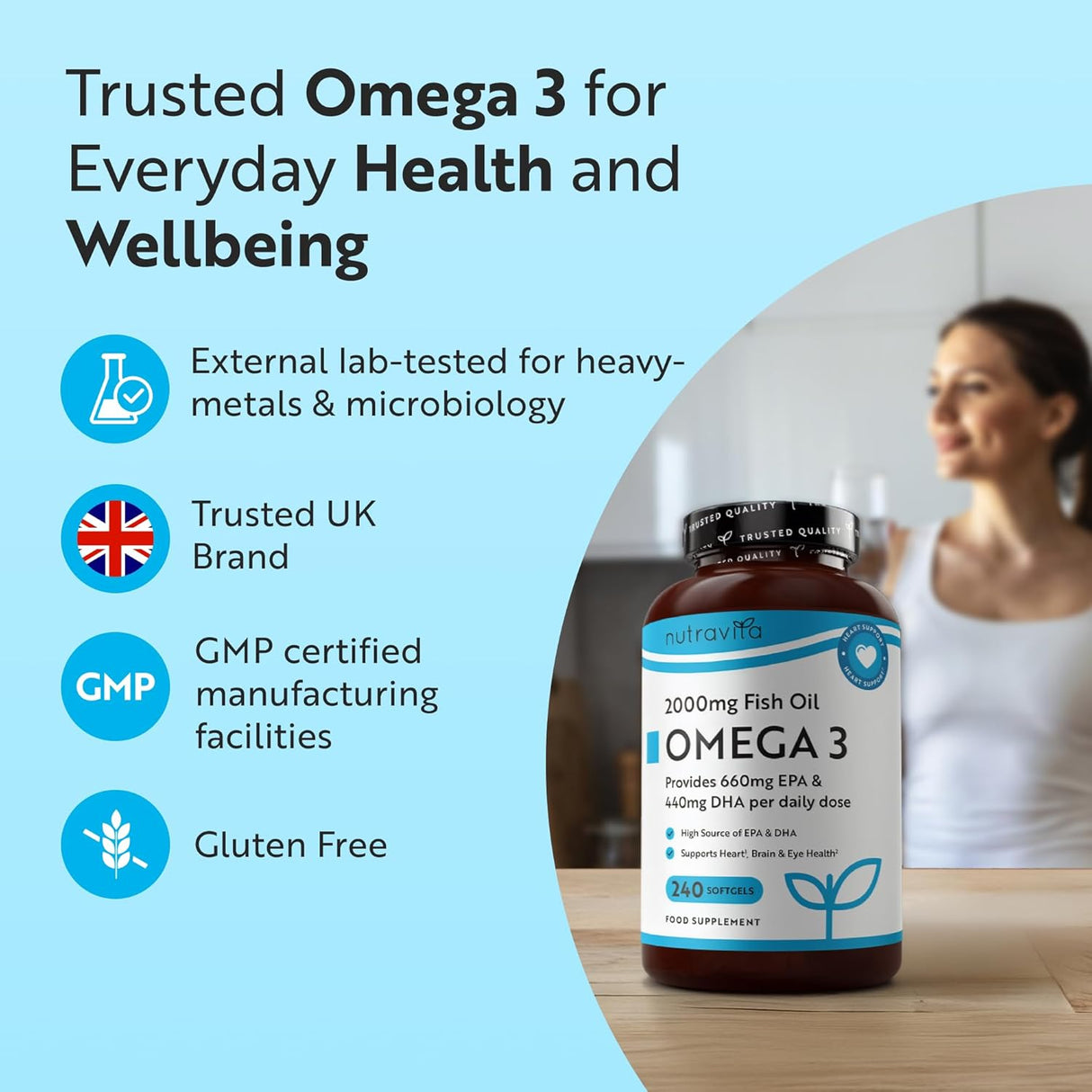 Omega 3 2000 mg/EPA 660 mg, DHA 440 mg/Reines Fischöl/240 Kapseln, 120 Dosen/ <tc>Nutravita</tc>