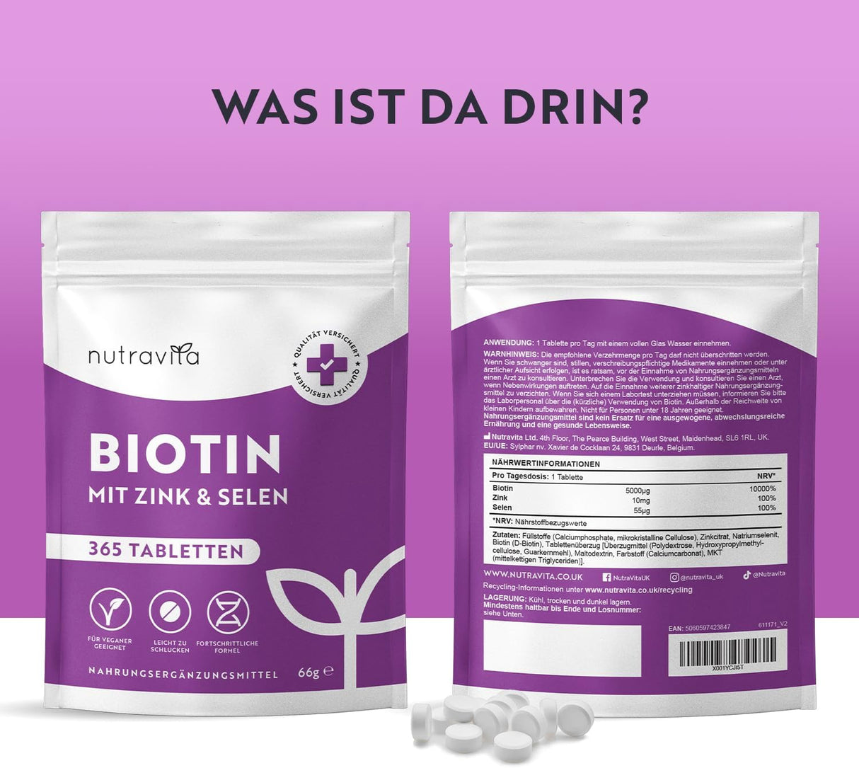 Biotin + Selen + Zink Tabletten für Haut, Haare und Nägel – 365 vegane Tabletten für 1 Jahr <tc>Nutravita</tc>