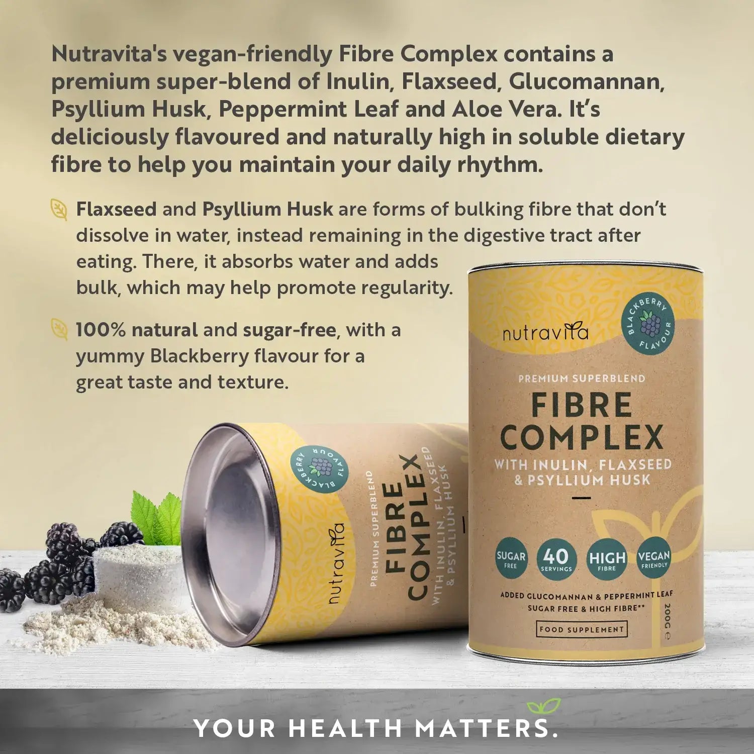 Fibre Complex Powder - BlackBerry Flavour /200 г, 40 дози/ Nutravita - Feel You