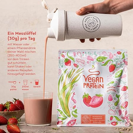 Veganer Proteinpulver Erdbeer - 600 g aus Deutschland - Alpha -Lebensmittel gemacht