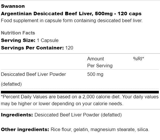 Argentinische getrocknete Rinderleber 500 mg 120 Kapseln