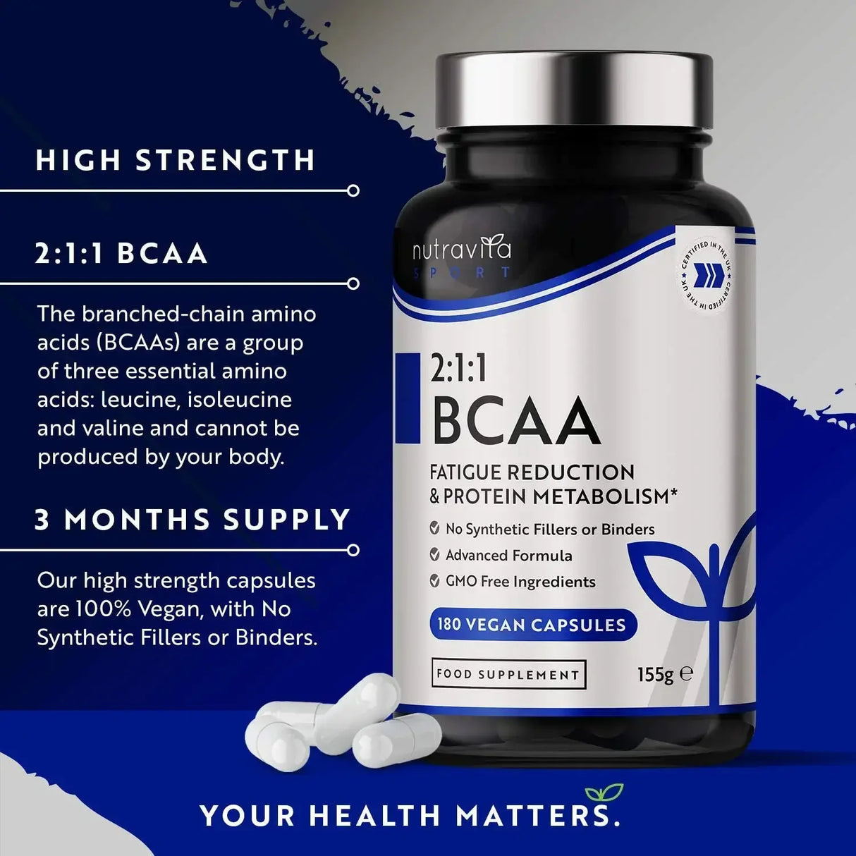 BCAA (2:1:1) mit Vitamin B6 & B12 - 180 Kapseln. <tc>Nutravita</tc>