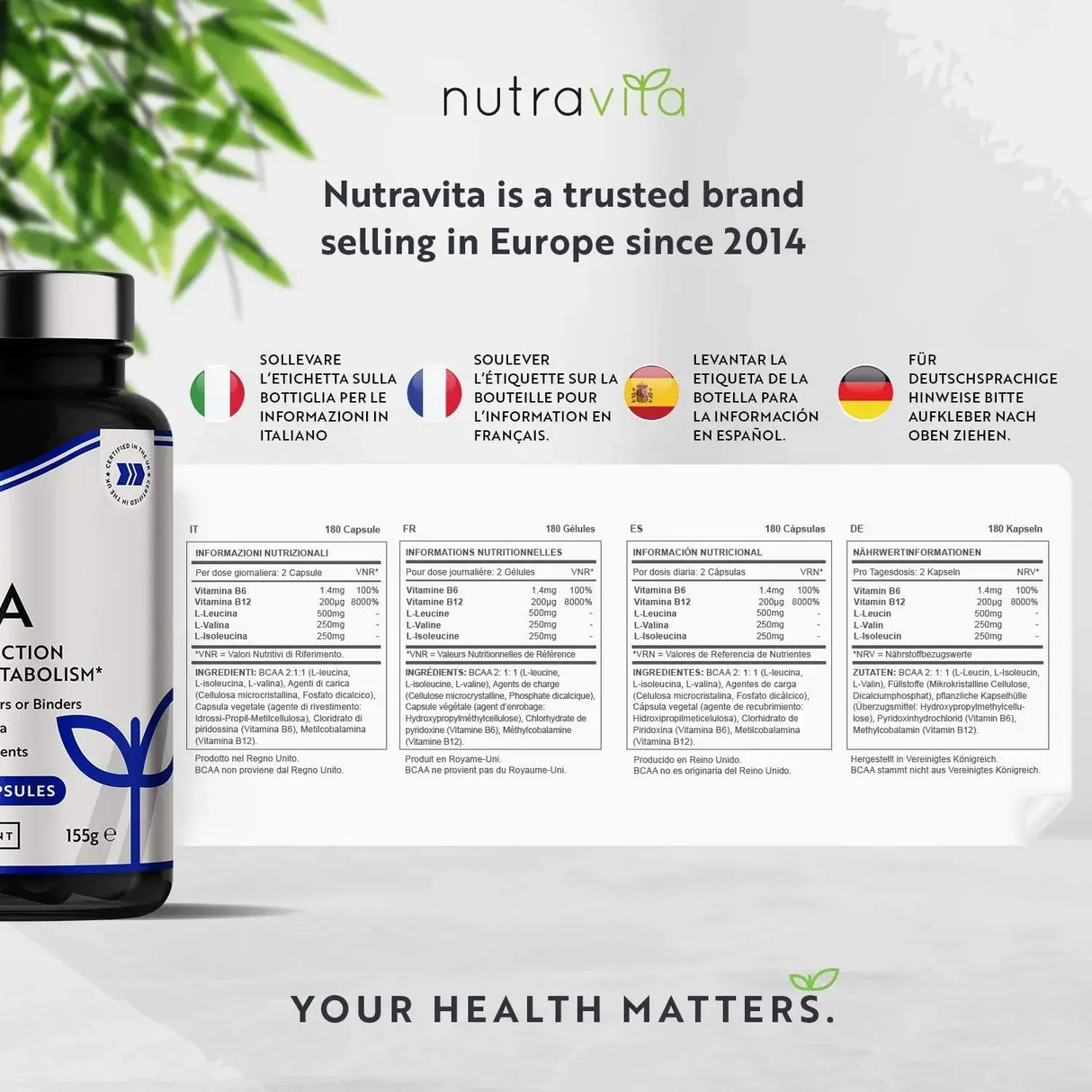 BCAA (2:1:1) mit Vitamin B6 & B12 - 180 Kapseln. <tc>Nutravita</tc>