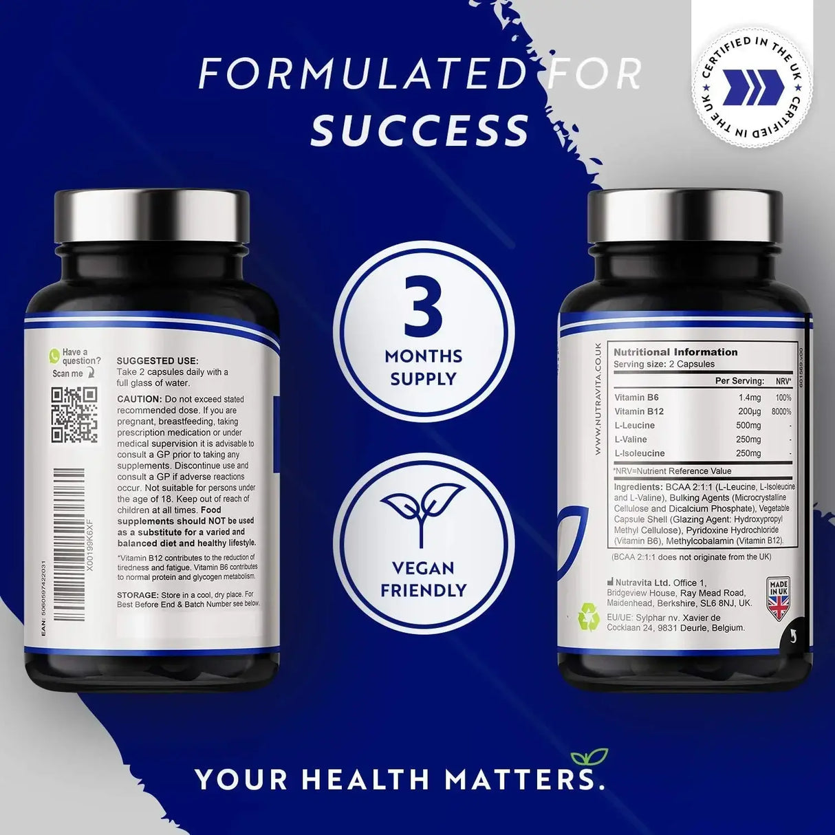 BCAA (2:1:1) mit Vitamin B6 & B12 - 180 Kapseln. <tc>Nutravita</tc>
