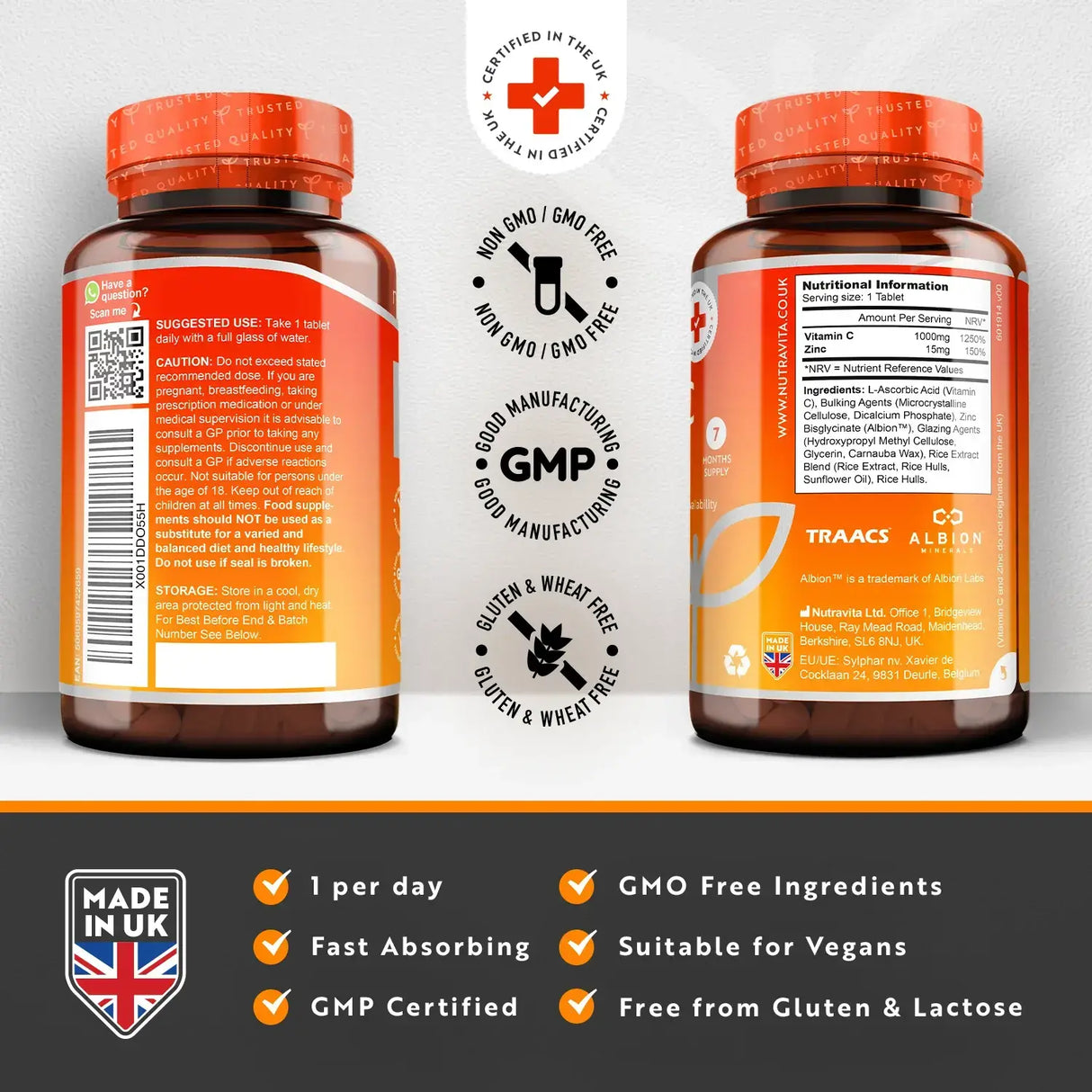 Vitamin C 1000 mg mit Zink (Albion® Zink) 15 mg, 210 Tabletten <tc>Nutravita</tc>