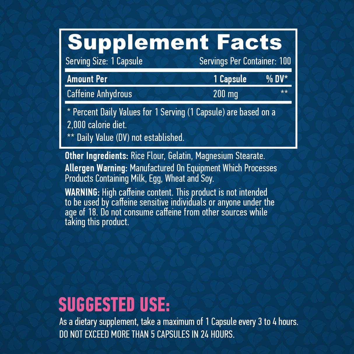 Koffein 200 mg/100 Kapseln.