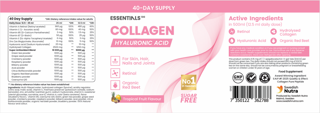 Kollagen mit Retinol, Hyaluronsäure, CoQ10 - (20/40 Dosen, 500 ml)