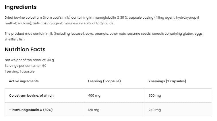 Kolostrum Rinder 400 mg | 30 % Immunglobulin G 60 Kapseln