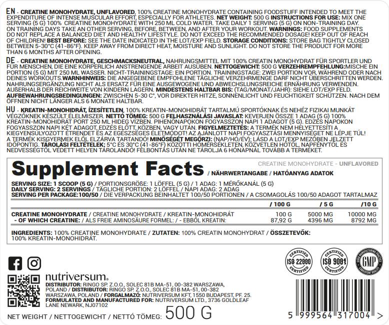 Kreatin-Monohydrat-Pulver – 500 Gramm