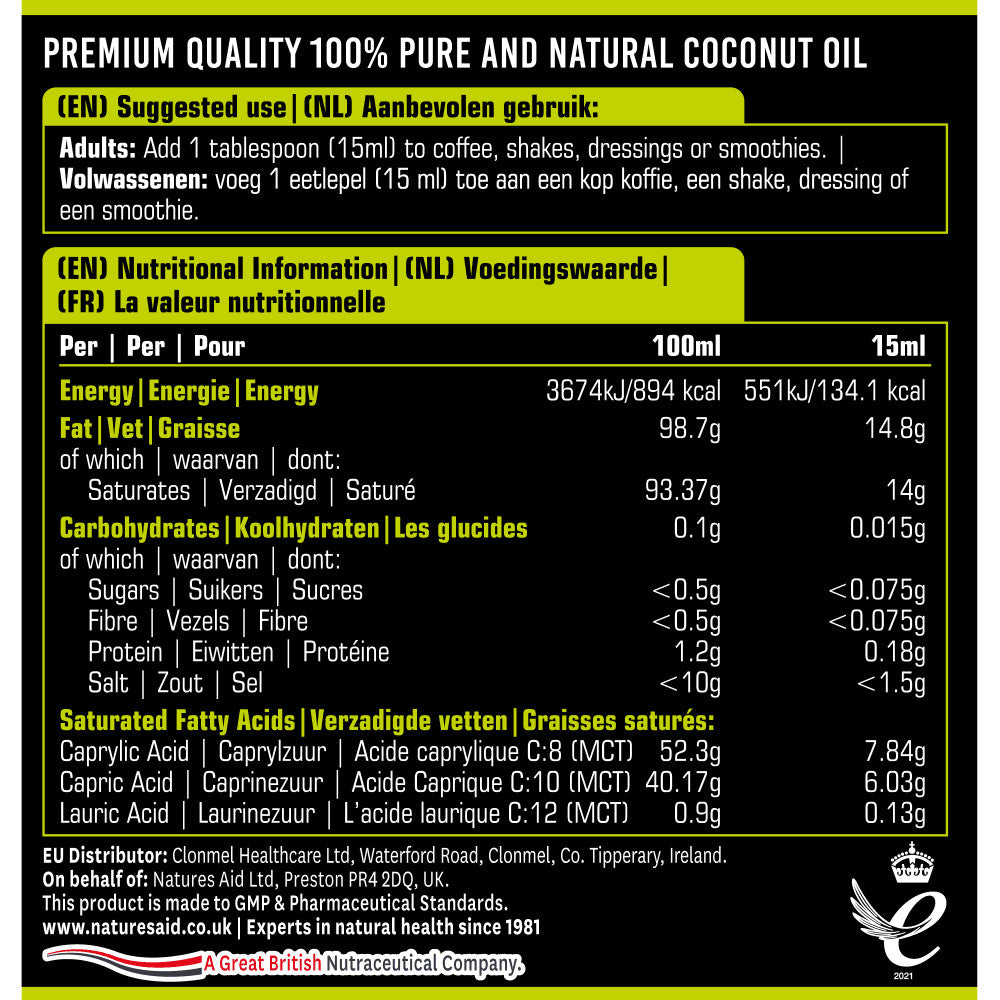 Mittelkettige Triglyceride aus Kokosnussöl (100 % MCT-Öl) 500 ml NaturesAid