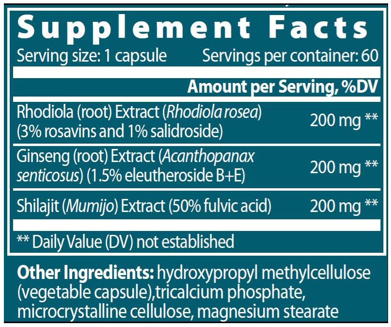 Östliches Adaptogen | Rhodiola + Ginseng + Shilajit – 60 Kapseln