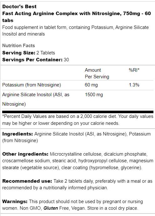 Schnell wirkender Arginin-Komplex | Mit Nitrosigine 750 mg – 60 Tabletten