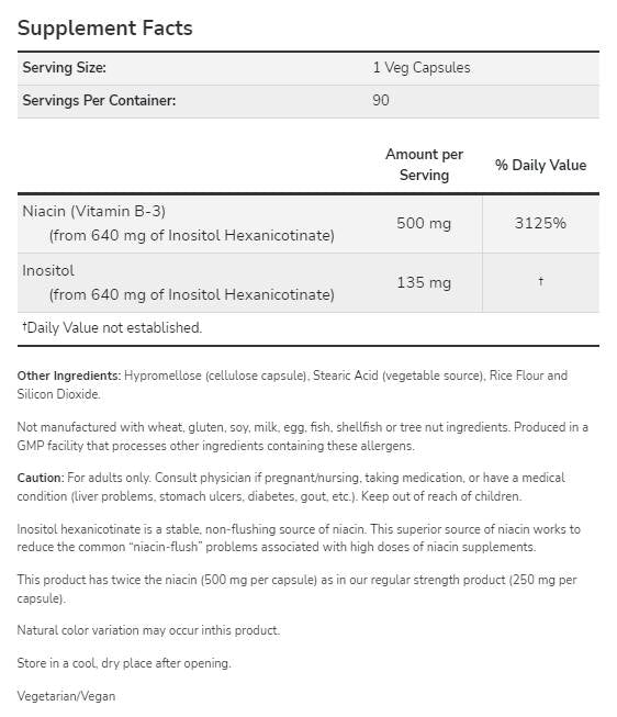 Flush-Free Niacin 500 mg | Doppelte Stärke – 180 Kapseln