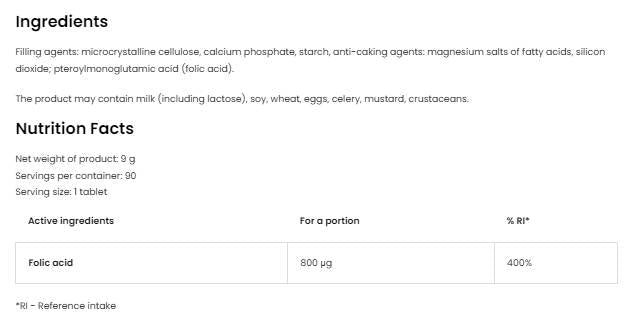 Folsäure 800 µg – 90 Tabletten