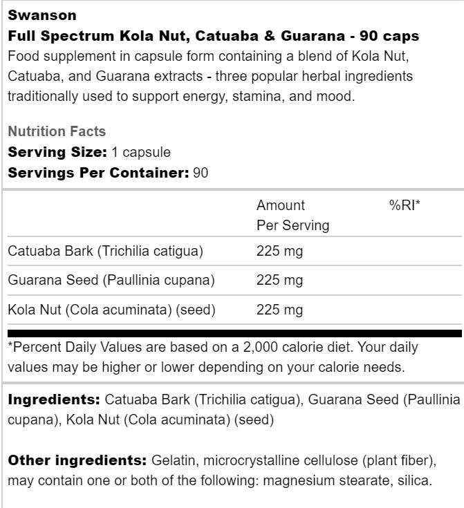 Vollspektrum-Kolanuss, Catuaba und Guarana 90 Kapseln