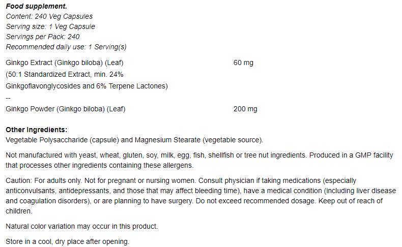 Ginkgo Biloba 60 mg – 240 Kapseln