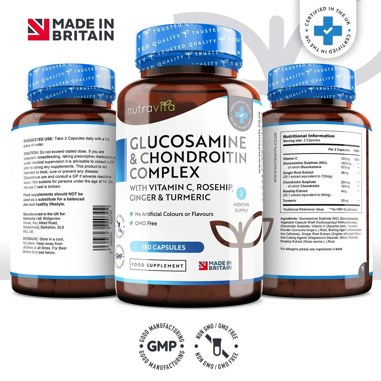 Glucosamin-Chondroitin /180 Kapseln, 90 Tage/ mit Kurkuma, Ingwer und Vitamin C <tc>Nutravita</tc>