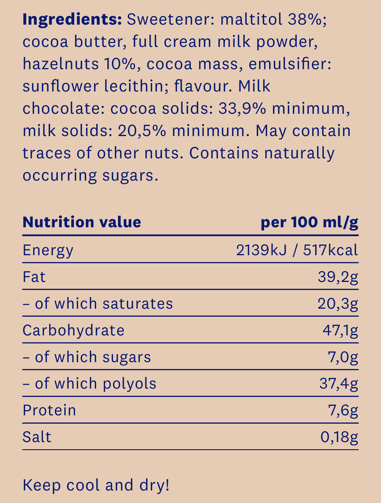 <tc>HealthyCo</tc> Schokolade mit Haselnüssen, 100 Gramm – ohne Zuckerzusatz und ohne Palmöl
