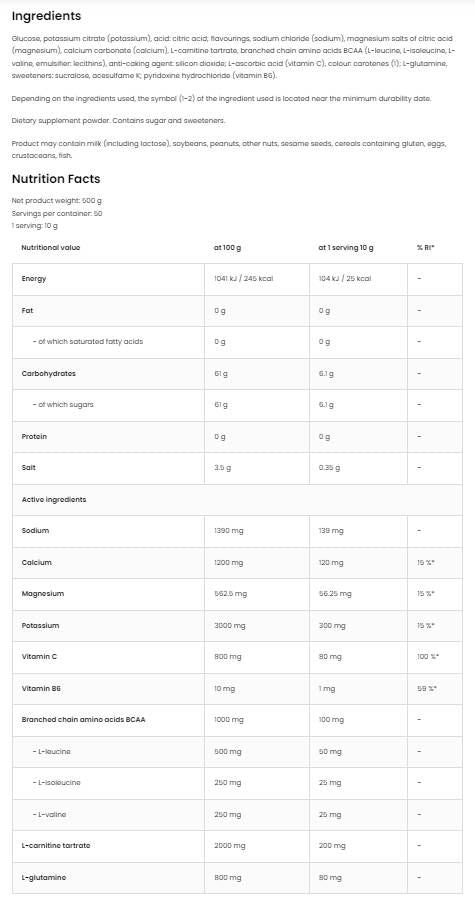 Isotonisches Pulver + BCAA, L-Carnitin, L-Glutamin – 500 Gramm
