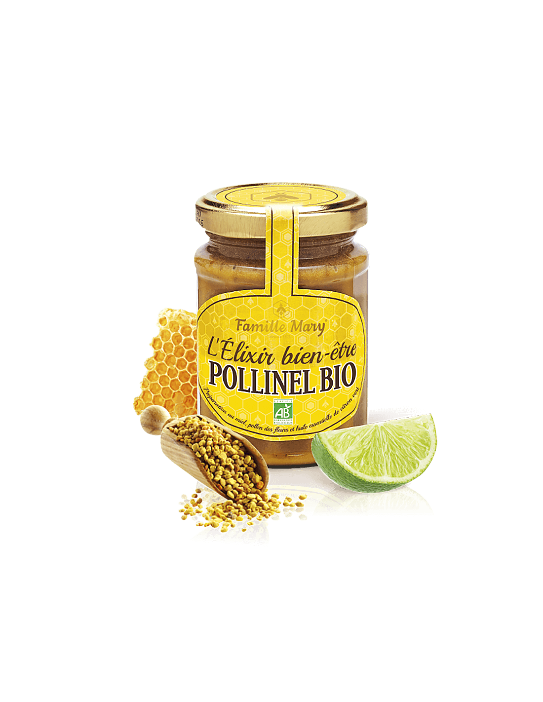 L'Elixir bien-être Pollinel BIO/ Bio-Blütenhonig mit Bienenpollen und ätherischem Limettenöl, 230 g Famille Mary