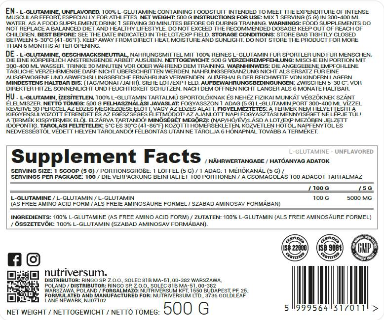 L-Glutamin-Pulver – 500 Gramm