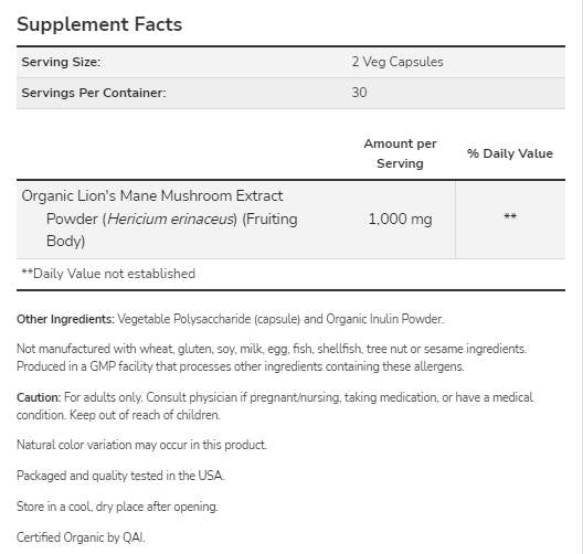 Löwenmähne 500 mg | Hergestellt aus Bio-Löwenmähnenpilzen – 60 Kapseln
