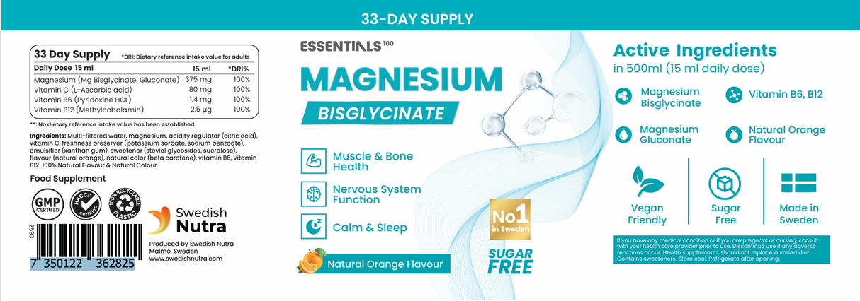 Liquid Magnesium 375 mg Bisglycinate (50/33 doses) - 500 ml - Nutra Best Europe