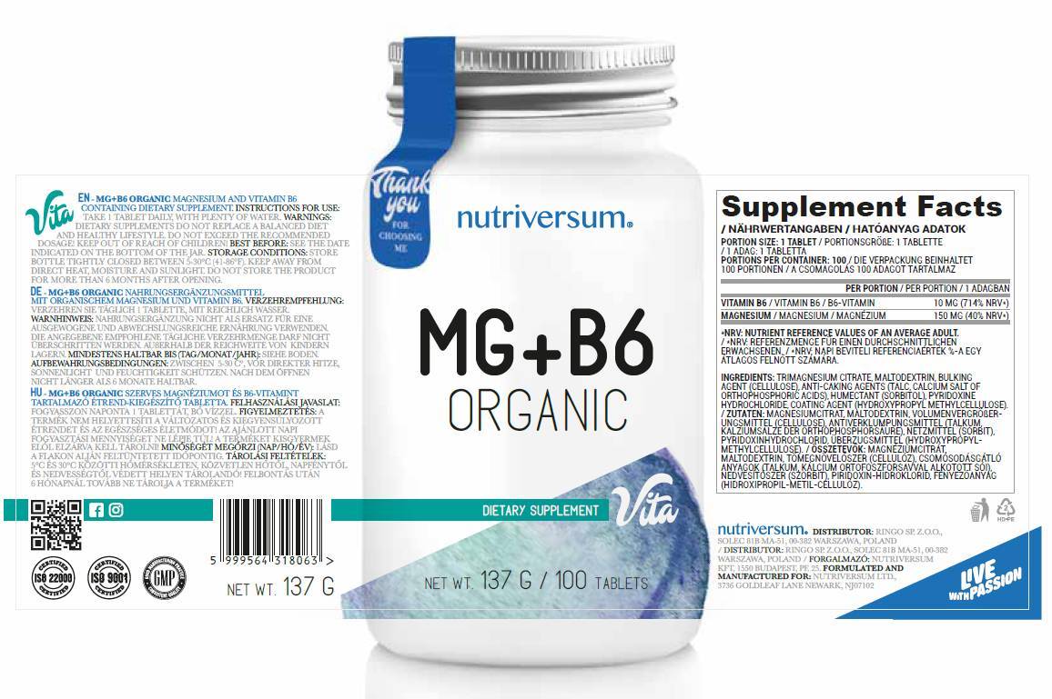 MG + B6 | Organisches Magnesium + Vitamin B6 – 60 Tabletten