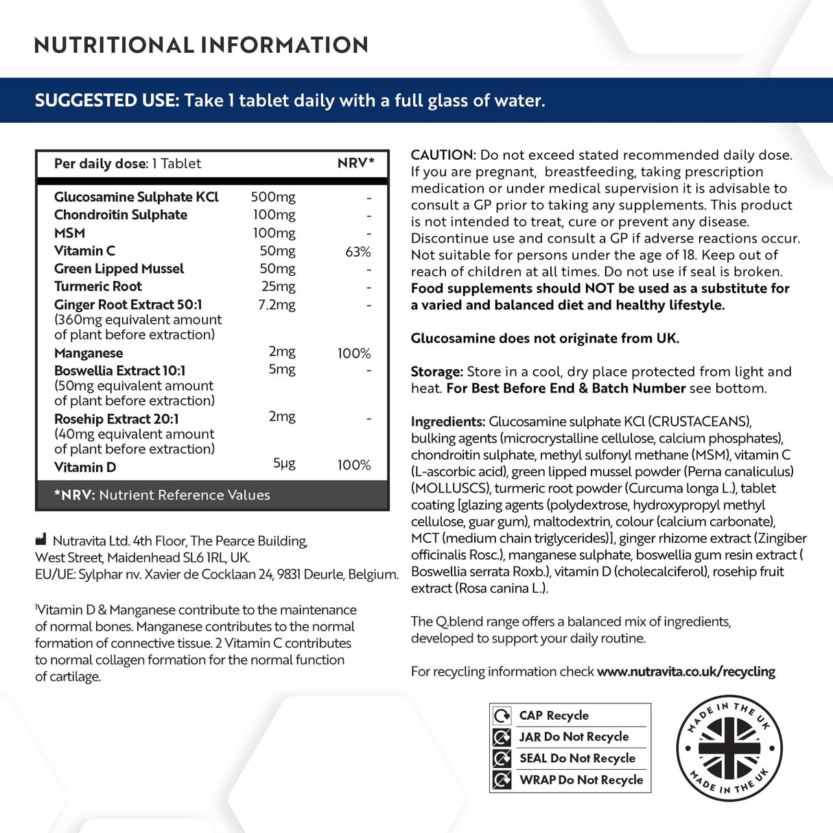 Gelenkkomplex mit Glucosamin, Chondroitin, MSM und Mangan – 180 Tabletten (für 6 Monate)