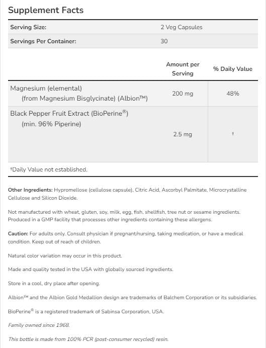 Magnesiumglycinat mit BioPerine® – 180 Kapseln