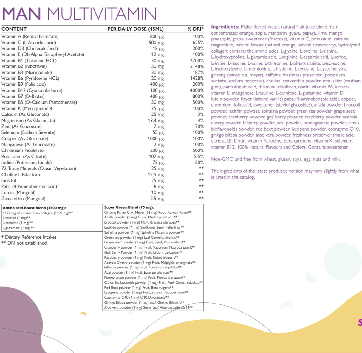 Man Multivitamine für Männer mit Kollagen 1497 mg – 147 Wirkstoffe /500 ml/