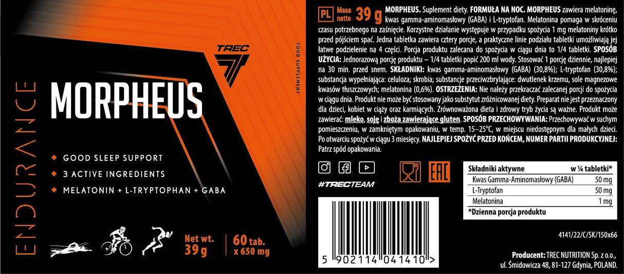 Morpheus Ausdauer | Gute-Nacht-Unterstützung mit Melatonin, L-Tryptophan und Gaba – 60 Tabletten