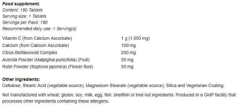 Vitamin C -1000 -Komplex - gepuffert mit 250 mg Bioflavonoiden - 180 Tabletten