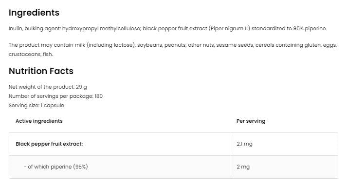 Piperin 95 Vege | 2 mg 180 Kapseln