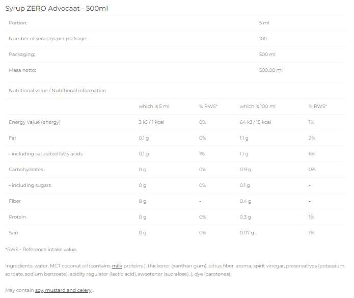 Sirup Zero - Advocaat - 500 ml