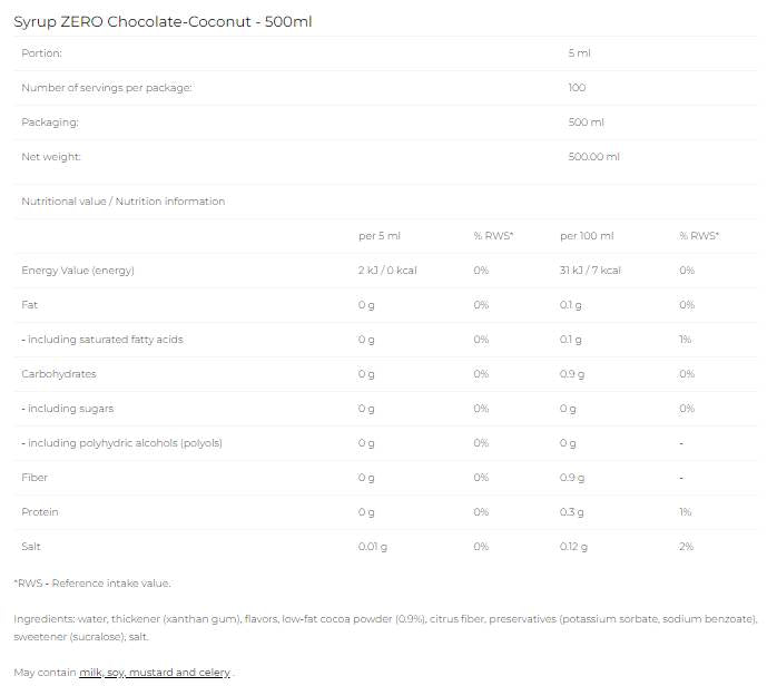Sirup Zero - Schokoladen-Kokosnuss - 500 ml